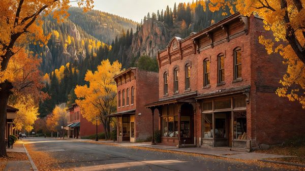 Crowds lining a historic small-town main street lined with Victorian storefronts under autumn cottonwoods in Colorado