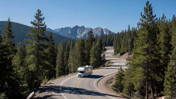 RV motorhome driving on a mountain highway with pine forest and distant peaks under a clear sky, Colorado