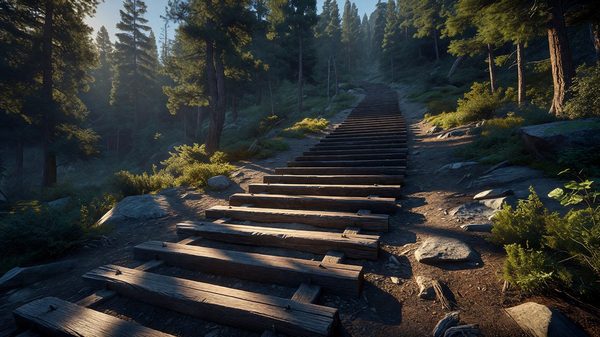 Steep wooden railroad-tie steps climbing a mountainside through pine trees near Manitou Springs, Colorado