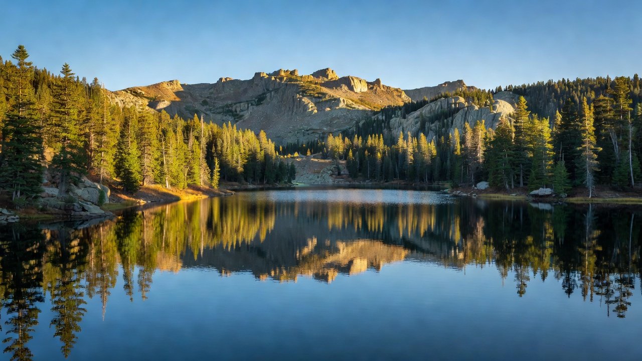 Alpine reservoir surrounded by dense conifer forest below a high mountain ridge in Colorado under a clear autumn sky